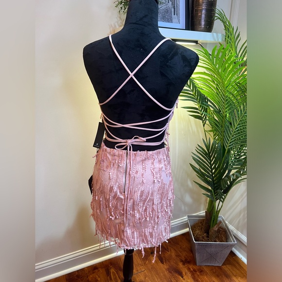 Lulu’s Making Magic Blush Pink Fringe Lace-Up Two-Piece Open Back Top & Skirt M - Picture 10 of 11